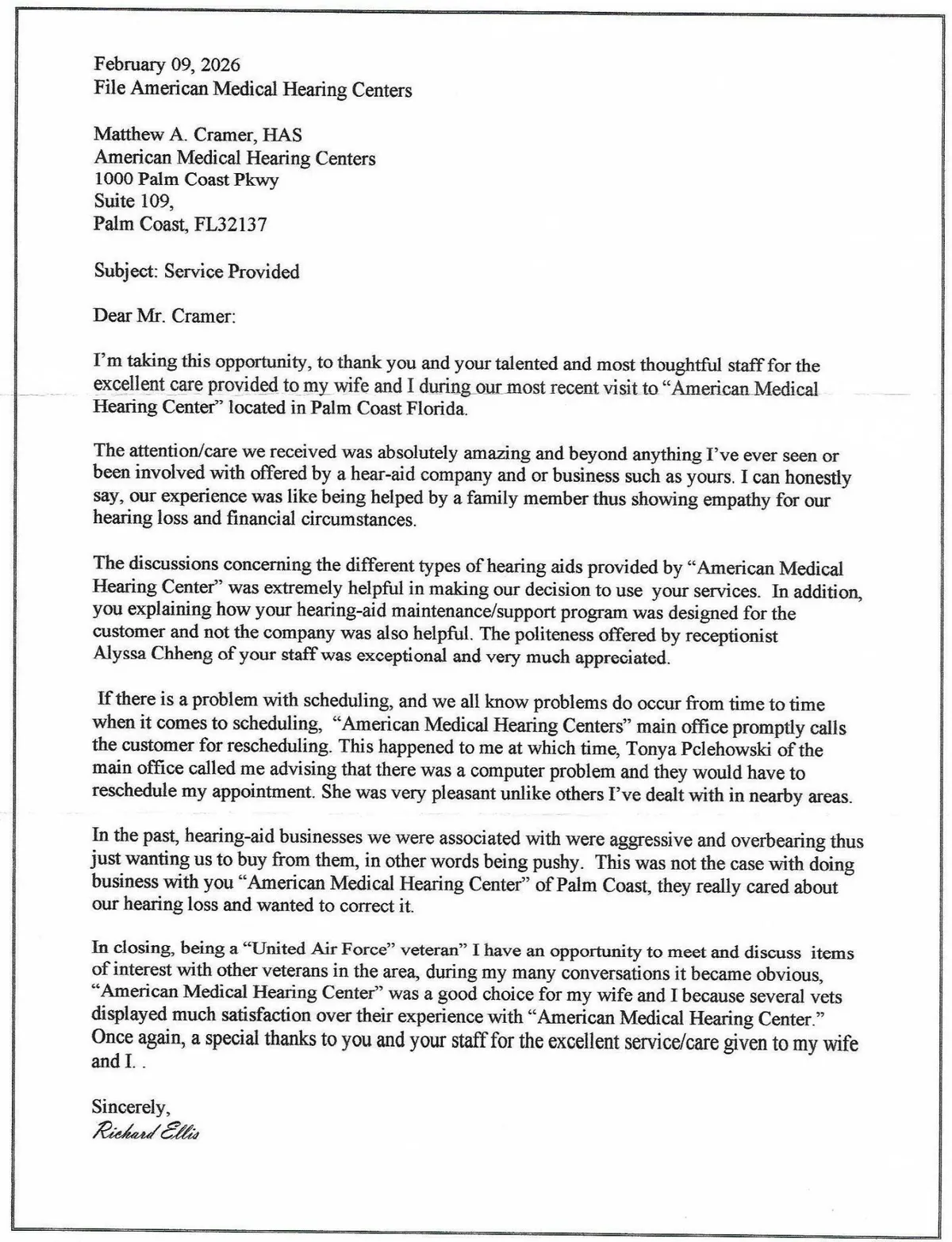 Handwritten letter from Richard Ellis, page 1